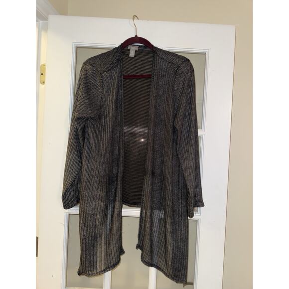 CHICO'S Travelers Silver Shimmer Mesh Open Jacket Cardigan Top Sz 2 Drape Front - Picture 1 of 4